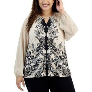 Jm Collection Rhinestone Keyhole Sheer Long Sleeve Top Plus Size 3X NWT